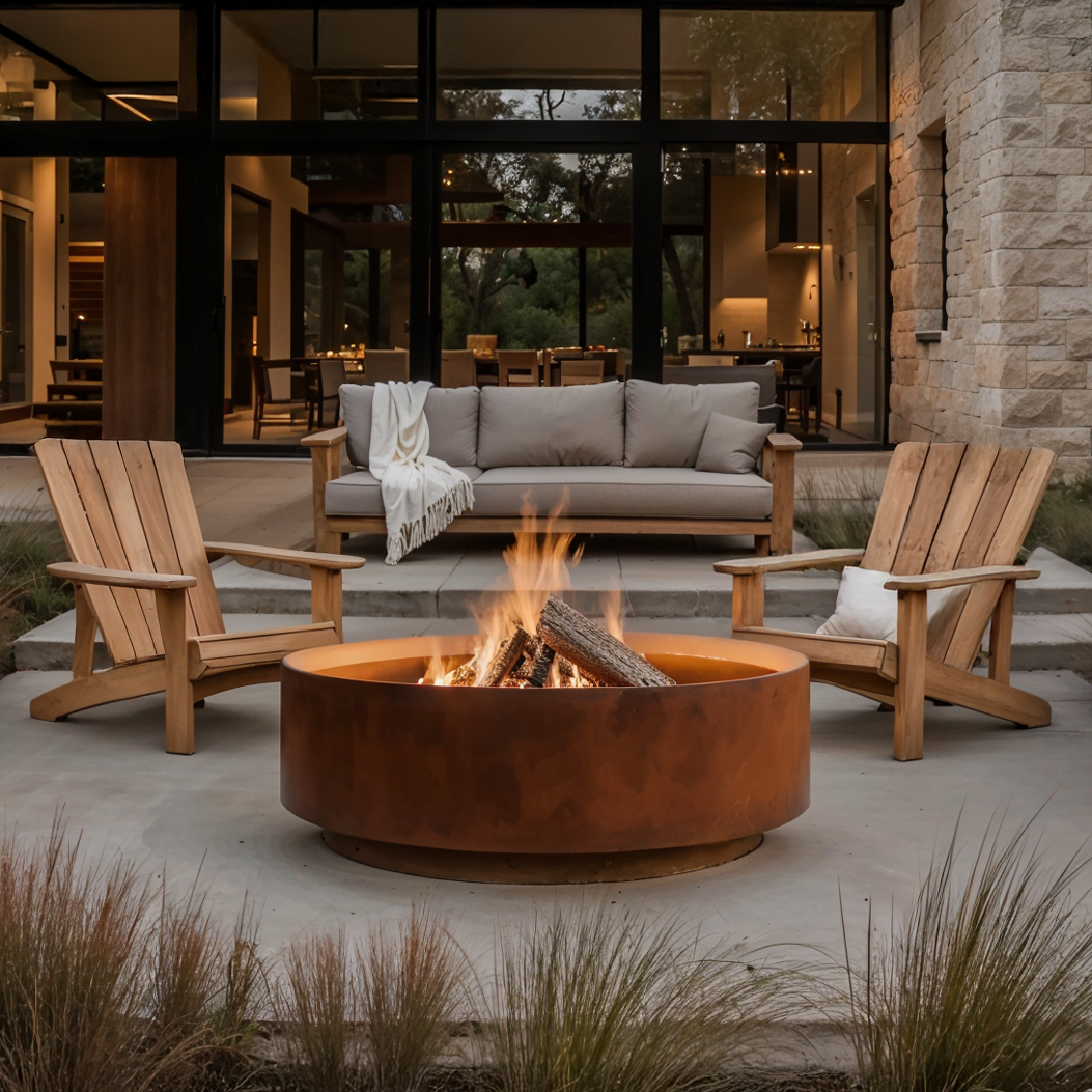 Outdoor patio with the Jake fire pit, chairs, and a sectional sofa in front of a modern house.