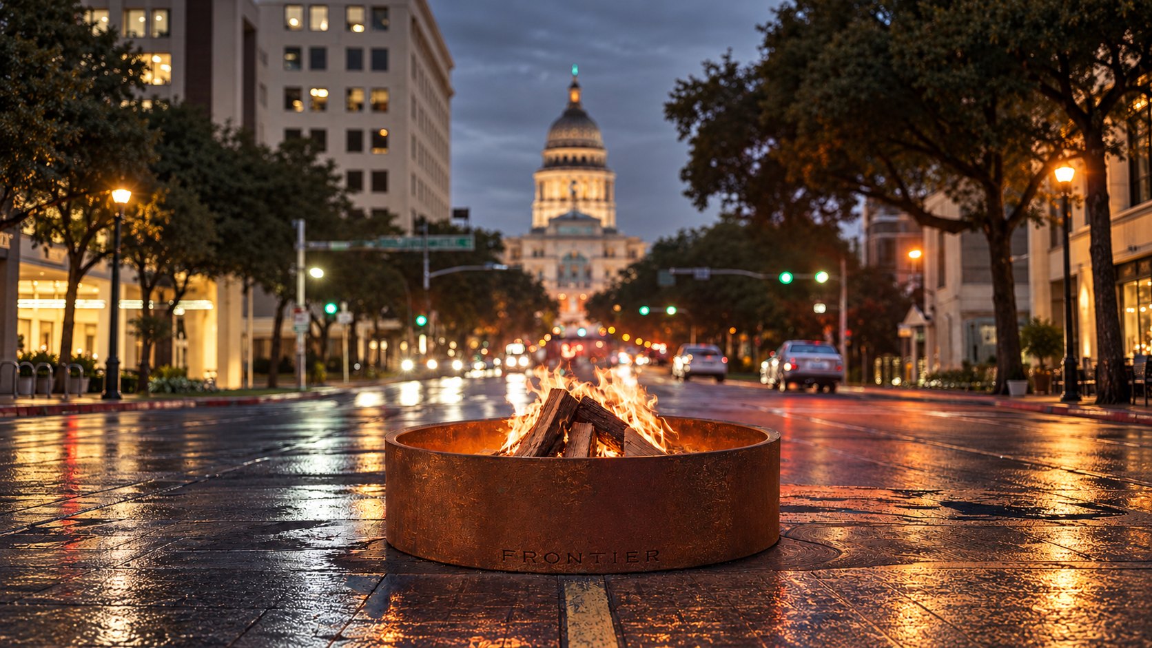 Frontier fire pit burning on a rain-wet Austin street with the Texas Capitol behind it
