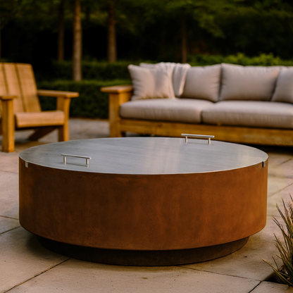 Jake fire pit with lid in an outdoor setting with a couch and chairs.