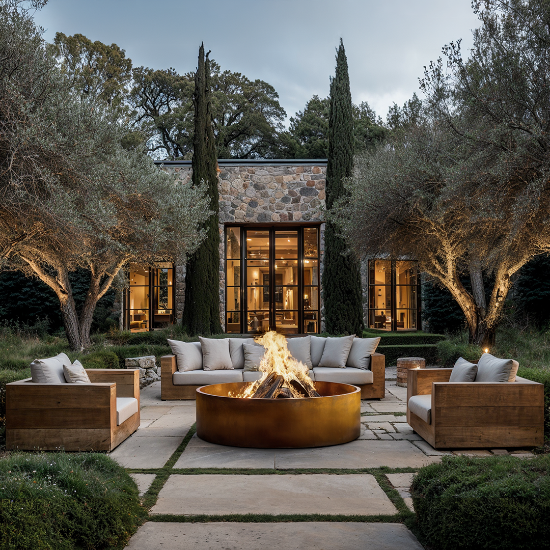 Outdoor patio with Logan fire pit, chairs, and a house in the background