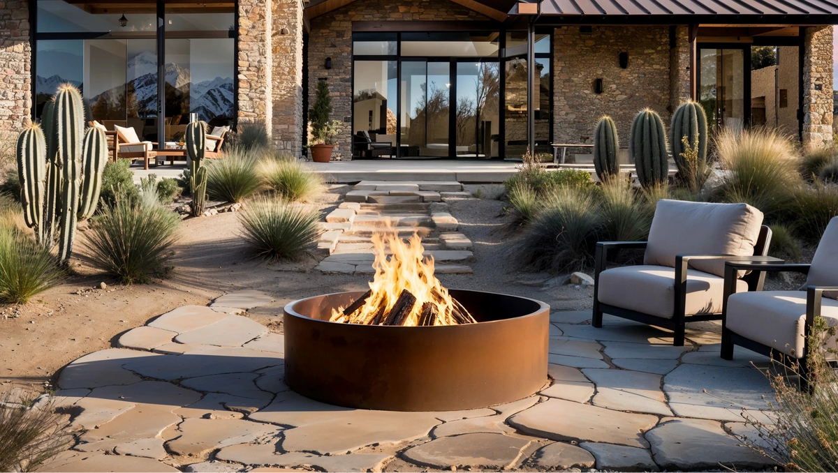 Outdoor patio with Logan fire pit and desert landscape