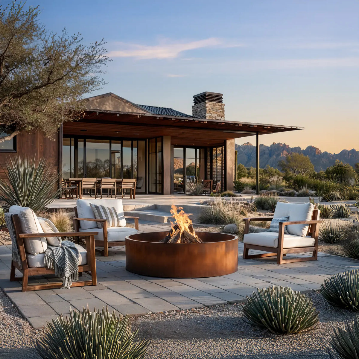 Outdoor patio with Logan fire pit, chairs, and a house in the background