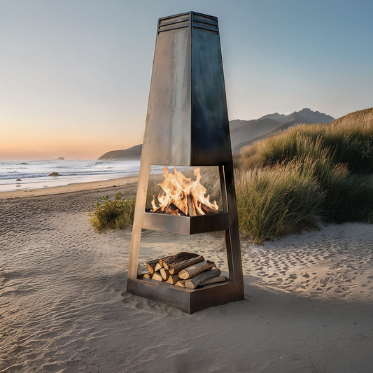 Pierson Chiminea oon a sandy beach with ocean and mountains in the background