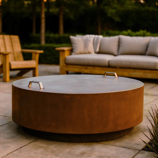 Jake fire pit with lid in an outdoor setting with a couch and chairs.