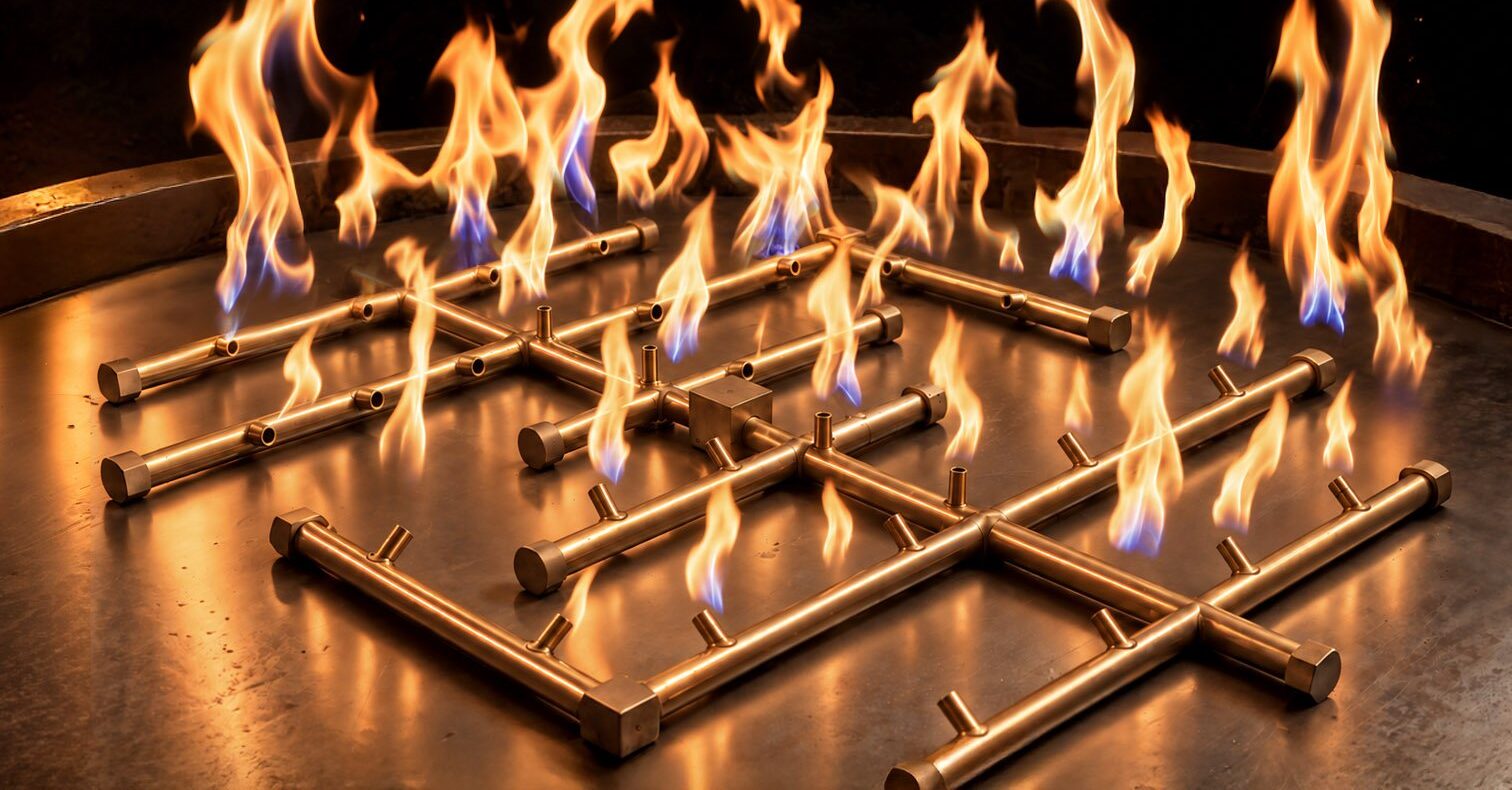 Brass CrossFire burner with gas flames inside a Corten steel fire pit