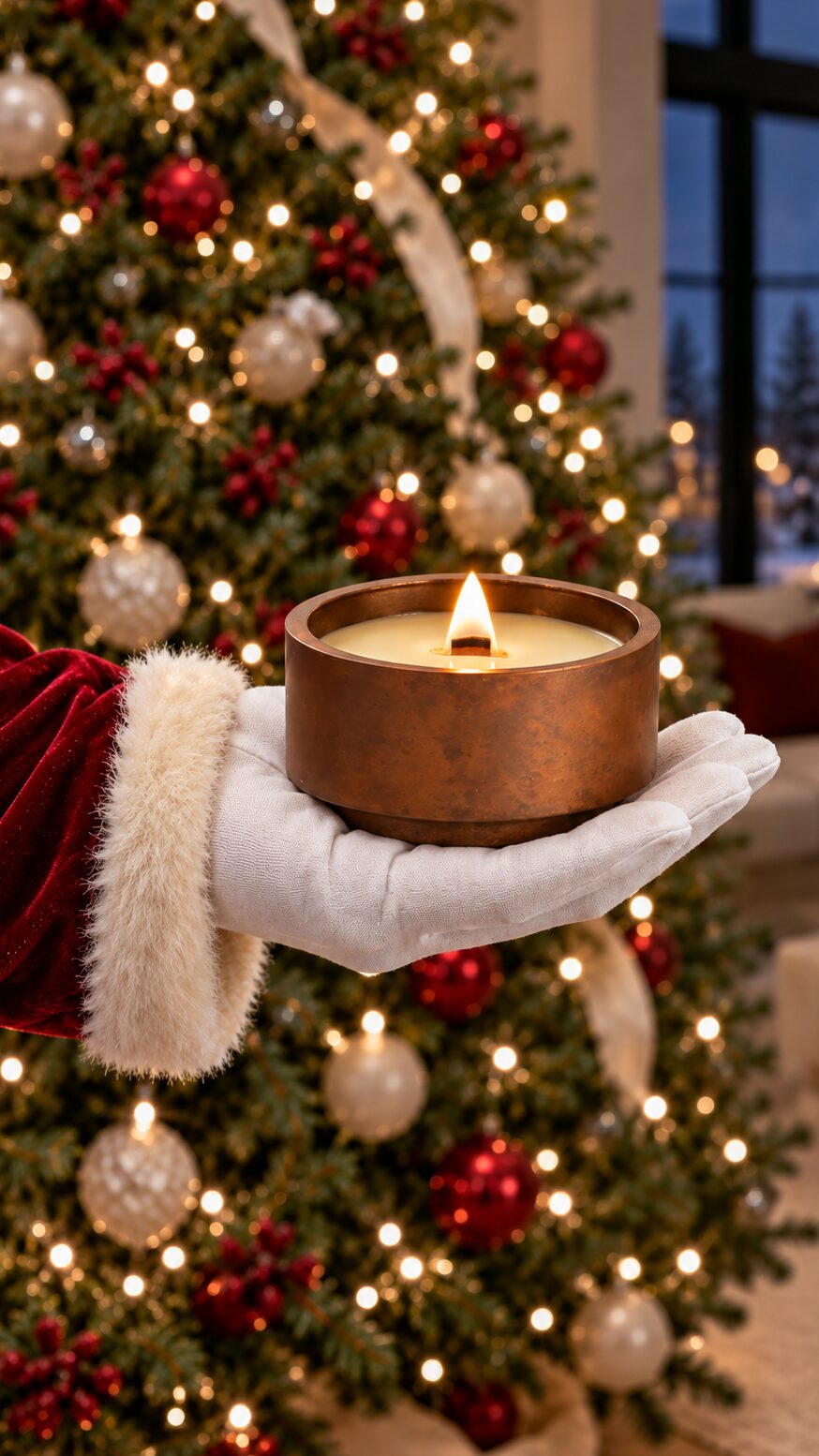 A Corten replica candle on a table by a lit Christmas tree, with the line: Our fire pits don’t fit under the tree. We made a workaround.