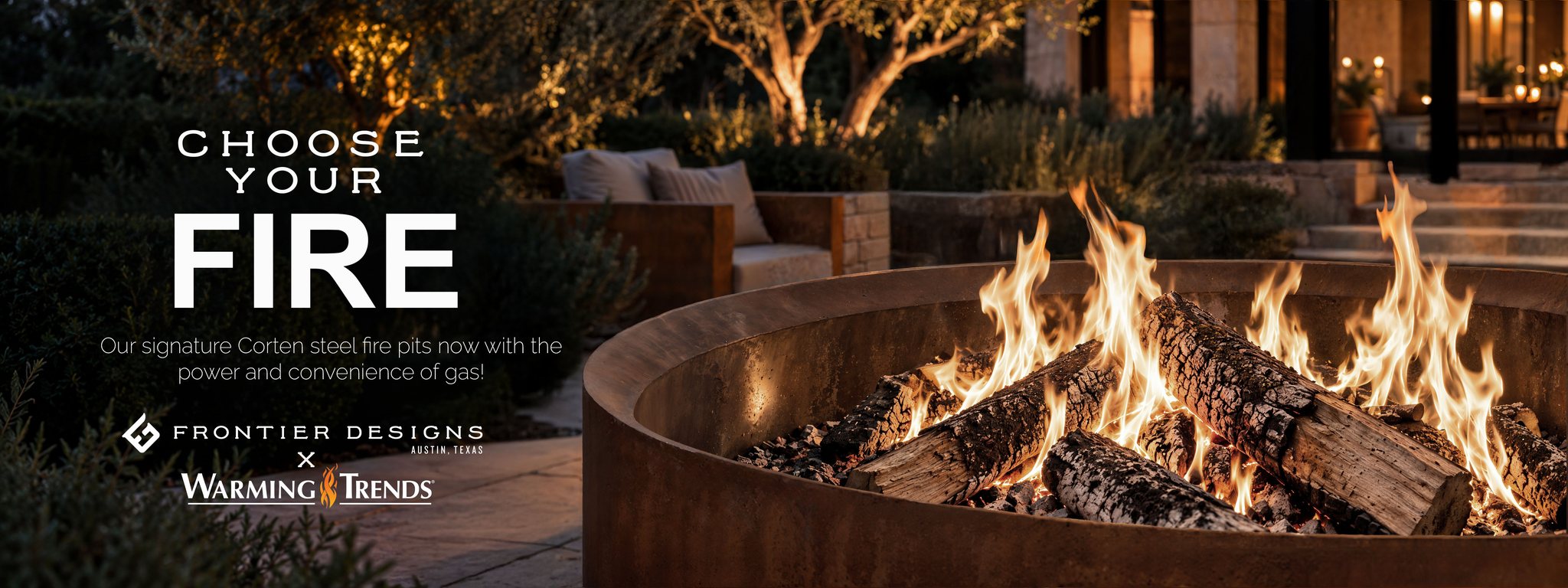Wood fire burning in a Corten steel fire pit