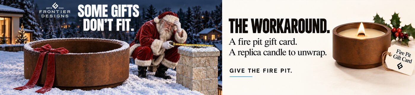 Santa on a rooftop with a Frontier Designs fire pit — it won't fit down the chimney
